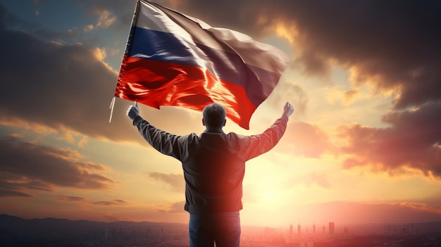 Happy man holding Flag of Russia in the sunset sky freedom and patriotism concept