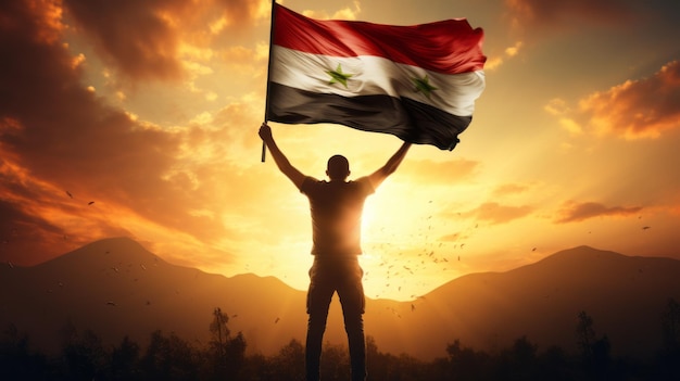 Happy man holding Flag of Syria in the sunset sky freedom and patriotism concept