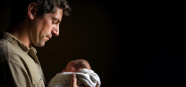 Happy man holding his adorable newborn baby looking and smiling Banner for Father's Day holiday Ai generated