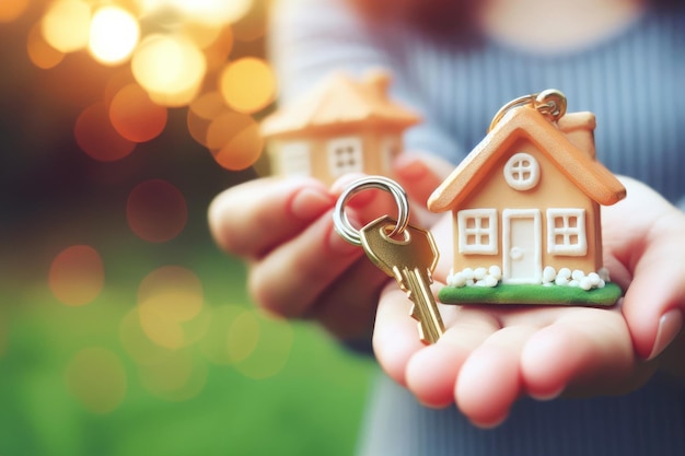 happy man holding house keys and small toy house in hands at sunset concept of real estate purchase and investment