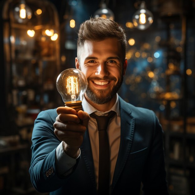 a happy man holding a light bulb generative ai