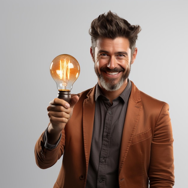 a happy man holding a light bulb generative ai