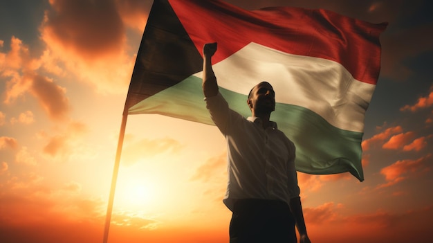 Happy man holding Palestine flag in the sunset sky freedom and patriotism concept