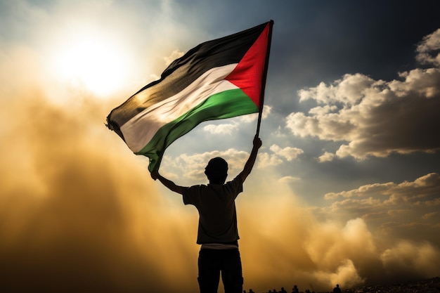 Happy man holding Palestine flag in the sunset sky freedom and patriotism concept