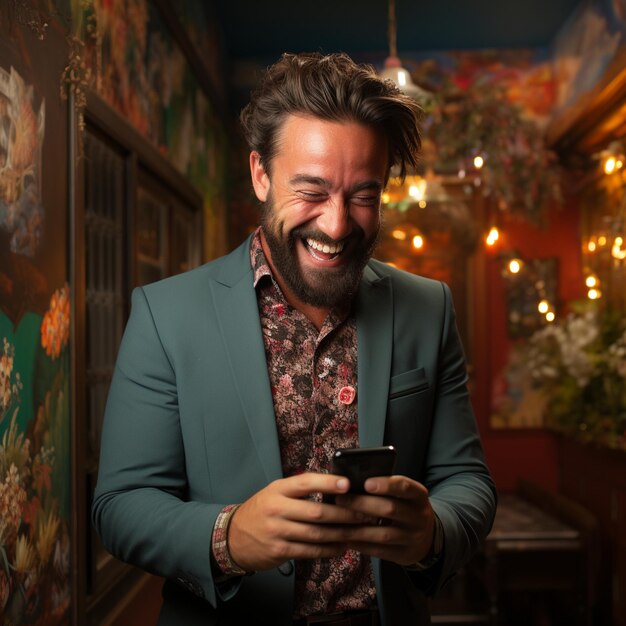 a happy man holding a phone generative ai