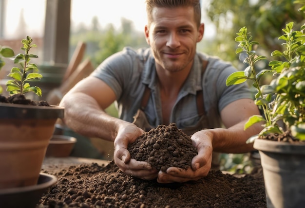 Happy man holding a tree seedling ready to plant promoting sustainability