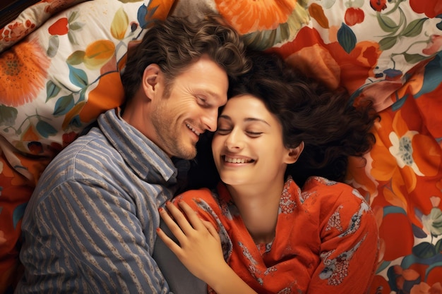 Happy man hugging his wife in bed