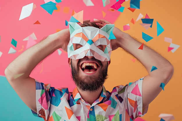 Photo happy man in low poly mask poses for advertising concept