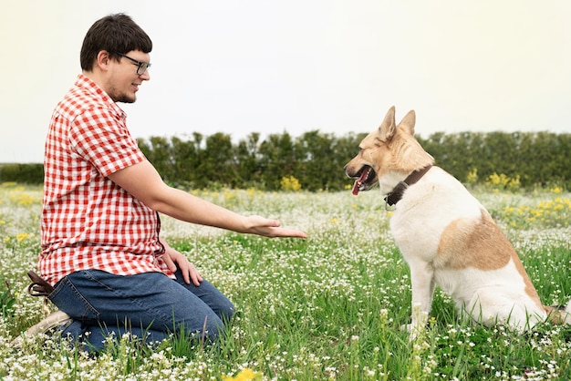 Happy man plays with mixed breed shepherd dog on green grass