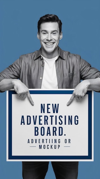 Photo happy man pointing down at white blank advertising board with empty space for text blue background