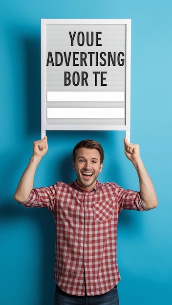 Photo happy man pointing down at white blank advertising board with empty space for text blue background