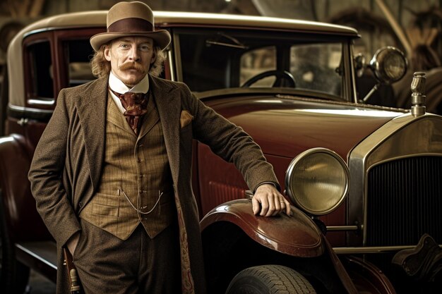 Photo happy man posing with his antique car