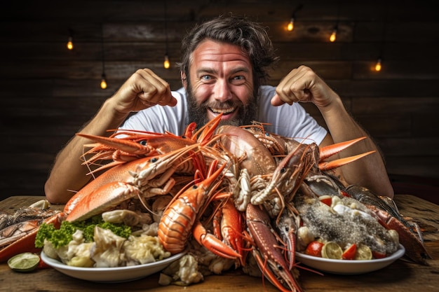 Happy man at seafood table