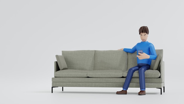 Happy man sitting in armchair using smartphone online social networks or online business 3D render