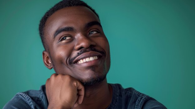 Happy man smiling with a thoughtful look on teal background