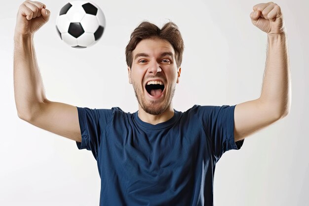 Photo happy man soccer fan wearing blank tshirt one winning screamong smiling celebrating