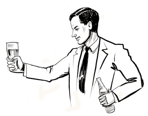 Happy man in suit drinking beer. Ink black and white drawing