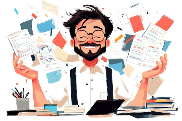 Photo happy man surrounded by papers success and achievement