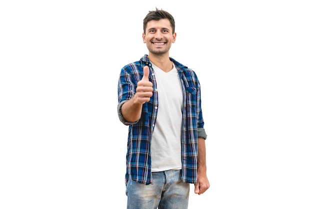 The happy man thumbs up on the white background