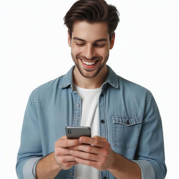 happy man using a mobile phone isolated on white background