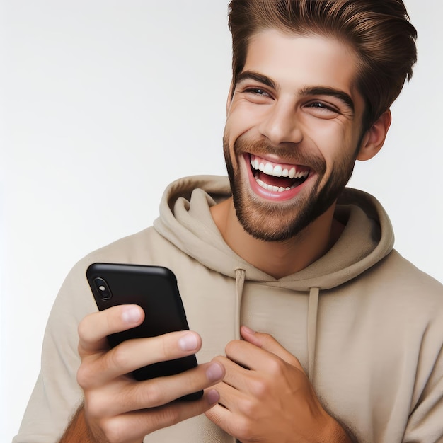 happy man using a mobile phone isolated on white background