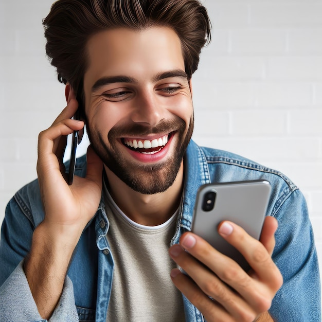 happy man using a mobile phone isolated on white background