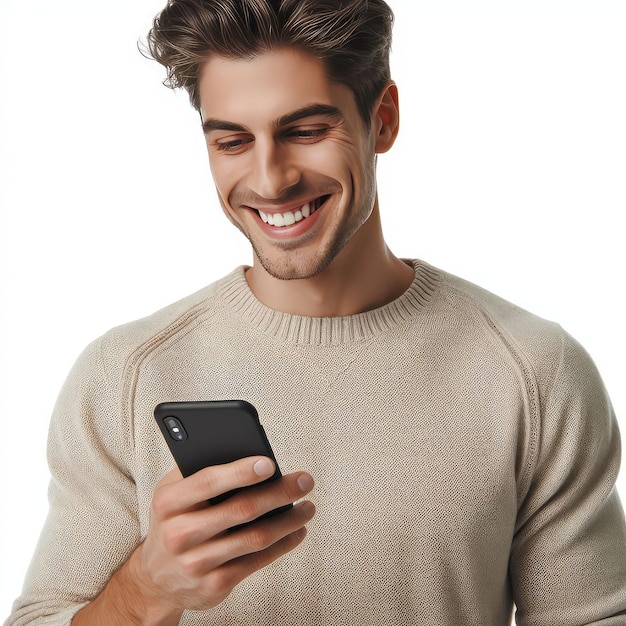 happy man using a mobile phone isolated on white background