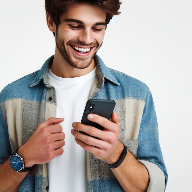 happy man using a mobile phone isolated on white background