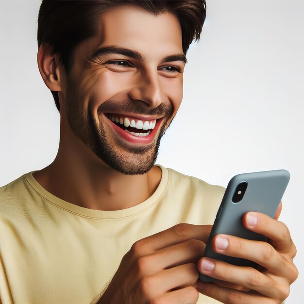 happy man using a mobile phone isolated on white background