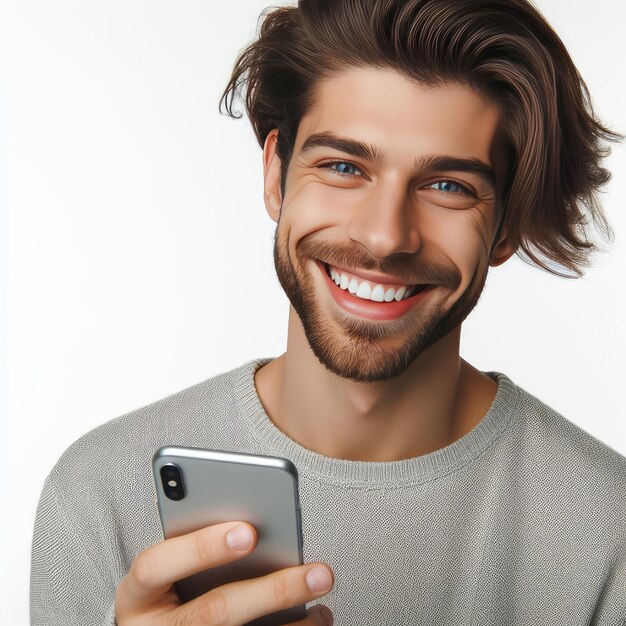 happy man using a mobile phone isolated on white background