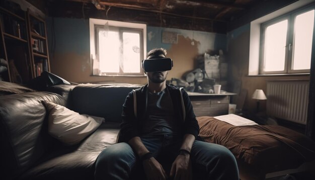 Happy man in virtual reality glasses in a mess in a room at home escape from reality virtual life co