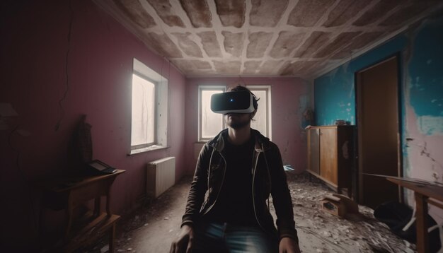 Photo happy man in virtual reality glasses in a mess in a room at home escape from reality virtual life co