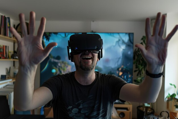 Happy man wearing virtual reality simulator at home