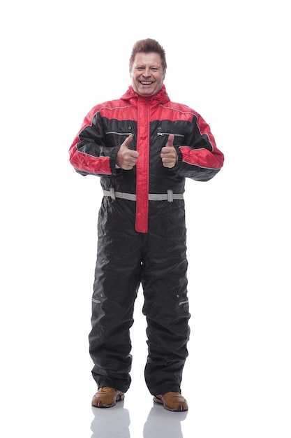 Happy man in winter insulated overalls isolated on a white