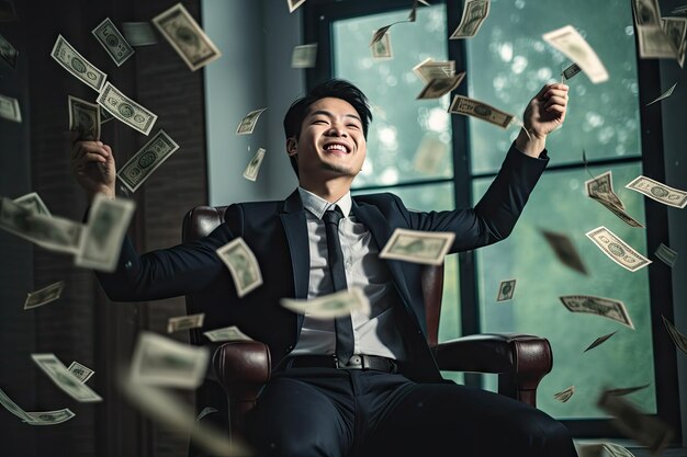 Happy man with cash dollars flying in home office