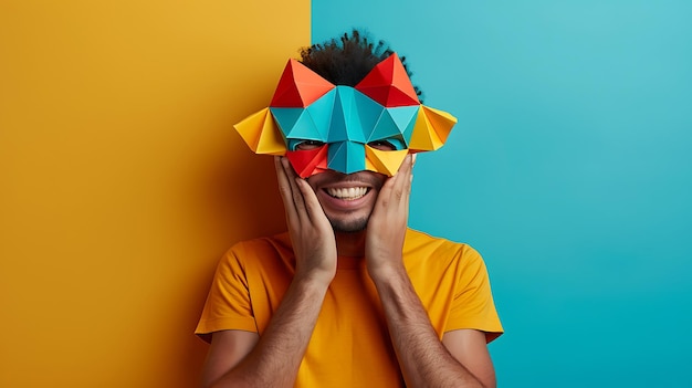 Happy man with funny low poly mask on colored background