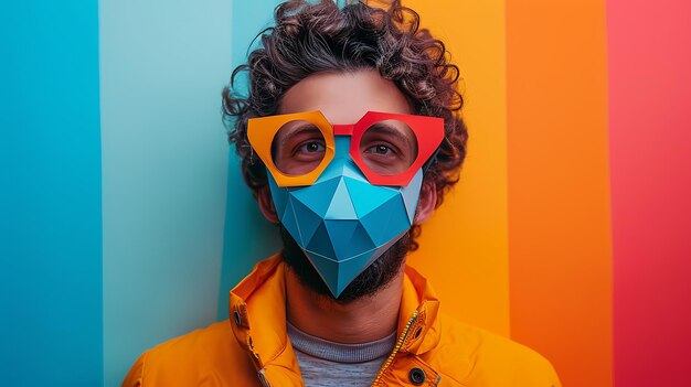 Photo happy man with funny low poly mask on colored background