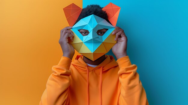 Photo happy man with funny low poly mask on colored background