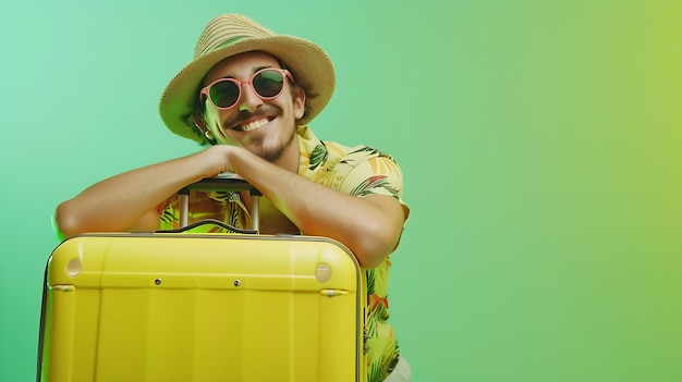 Happy man with suitcase who is waiting for summer trip isolated on light green backg Generative AI