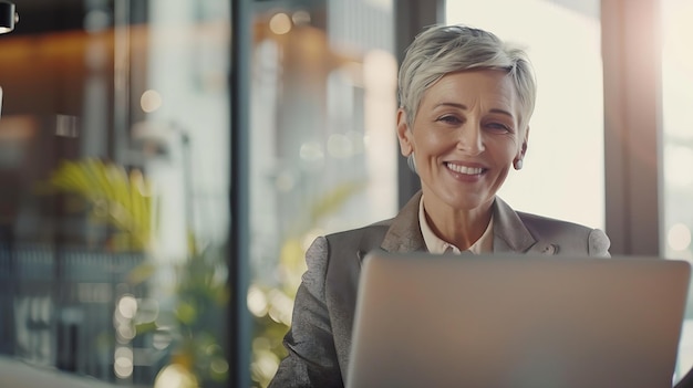 Photo happy mature business woman entrepreneur in office using laptop at work smiling prof generative ai