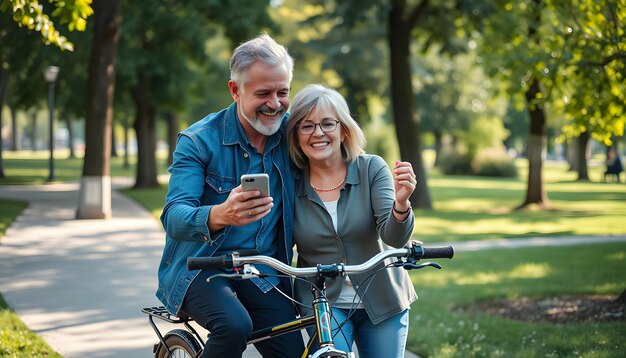 Happy mature couple with bicycle using smart phone in park isolated with white highlights