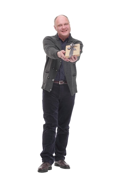 Happy mature man with gift box isolated on a white background