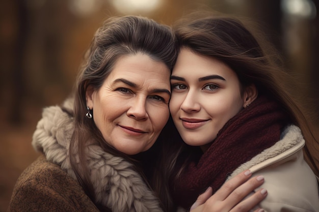 Happy Mature woman embracing her daughter in a park