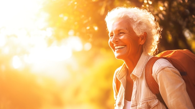 Happy mature woman wearing warm sport clothing hiking in autumn park Healthy life concept