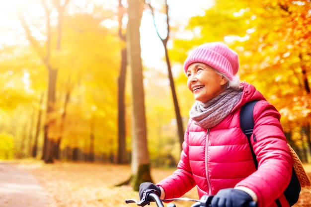 Happy mature woman wearing warm sport clothing riding bike in autumn park Sport healthy life concept