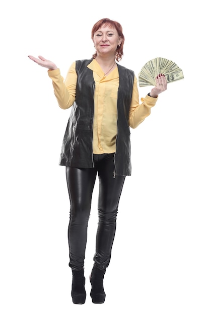 Happy mature woman with a fan of banknotes