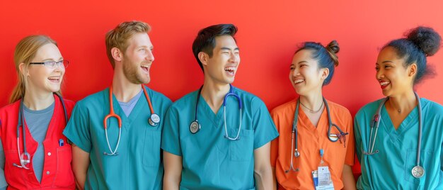 Happy Medical Team in Colorful Scrubs Laughing Together