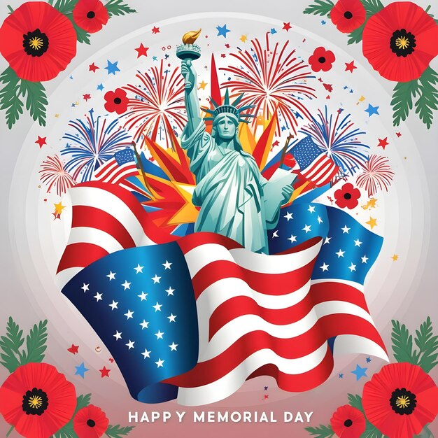 Photo happy memorial day vector modern flat illustration of usa flag stars american pattern firework