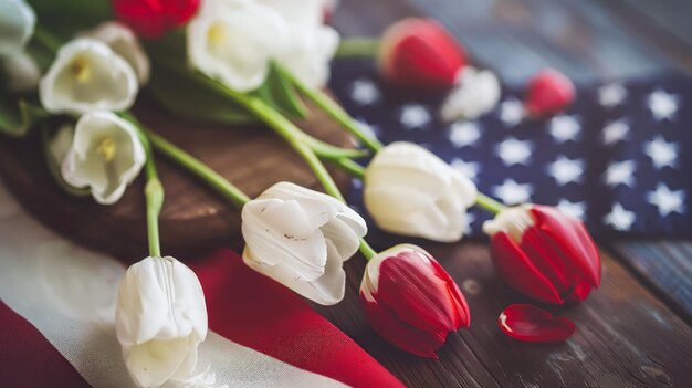 Happy memorial day with branch of white cherry and red tulips on a wooden board generative ai