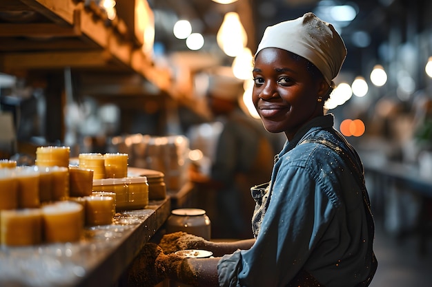 Happy men and women working in a factory Packaging products